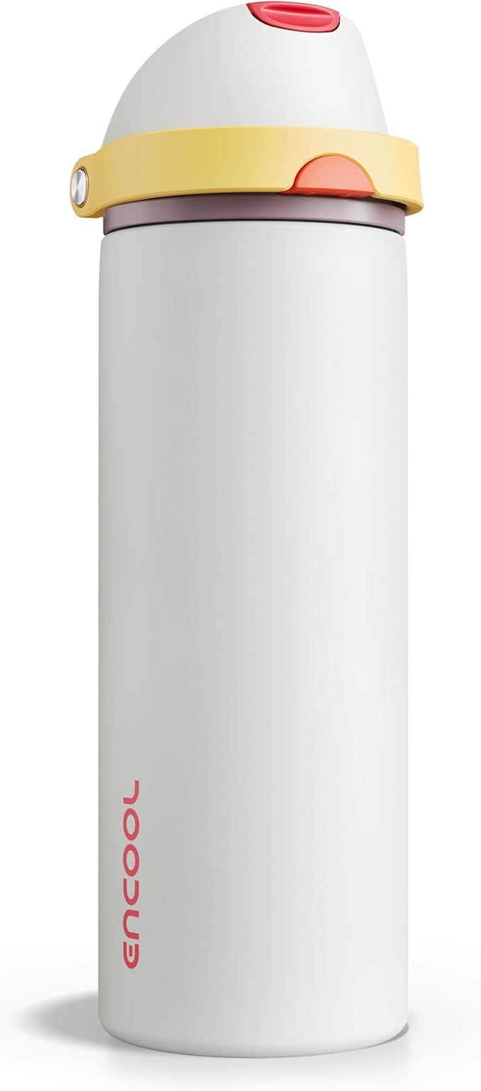 Insulated Water Bottle with Straw - Encool Stainless Steel Water Bottle with Push Button Lid, Leak-Proof & BPA-Free, Keeps Cold for 24 Hours for Sports, Travel, Gym (24 oz, Quill Grey-Red)