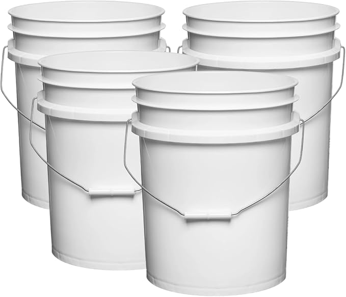 House Naturals 5 Gallon Premium HPDE Plastic Bucket - Made in USA Food Grade Storage Container, BPA Free All Purpose Pail (4, White)