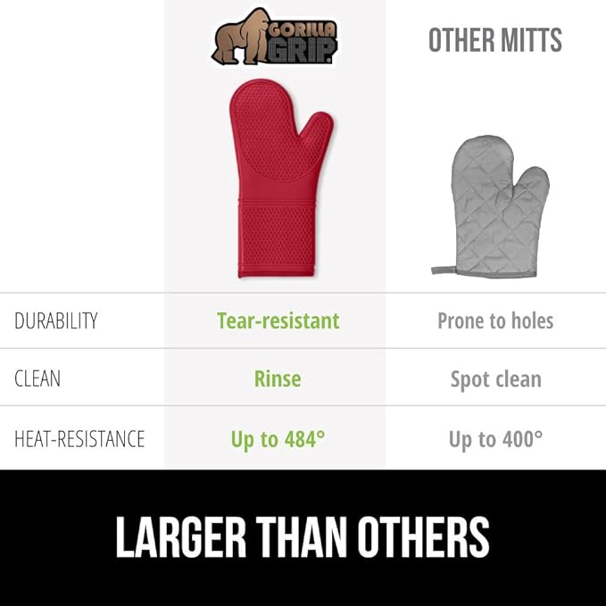 GORILLA GRIP BPA-Free Soft Silicone Oven Mitts, Heat Resistant and Waterproof Cooking Gloves, Thick Cotton Lining, Flexible Gripping Kitchen Potholders Set of 2, Christmas Kitchen Decor, 12.5x8.3, Red