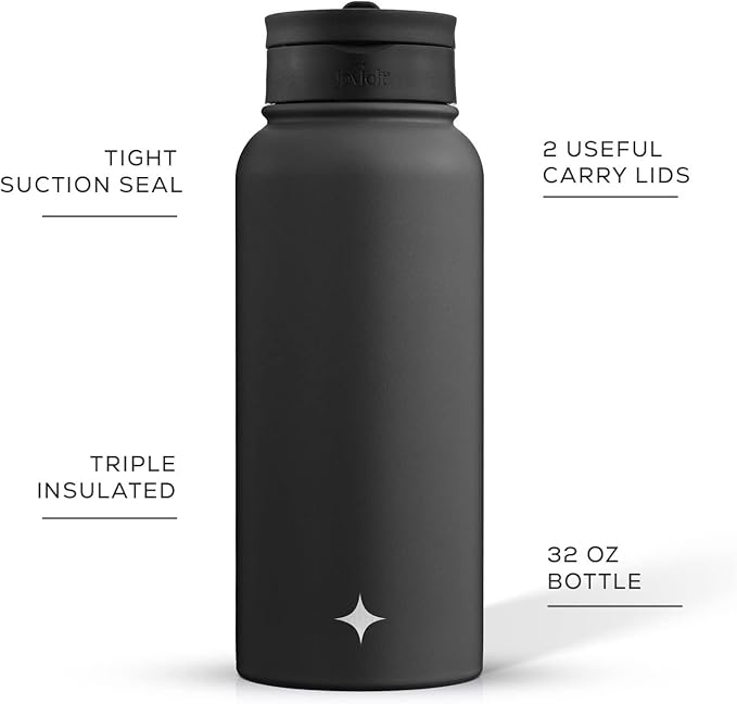 JoyJolt Triple Insulated Water Bottle with Straw Lid AND Flip Lid! 32oz Large Water Bottle, 12 Hour Hot/Cold Vacuum Insulated Stainless Steel Bottle. BPA-Free Leakproof Water Bottles - Thermos Bottle