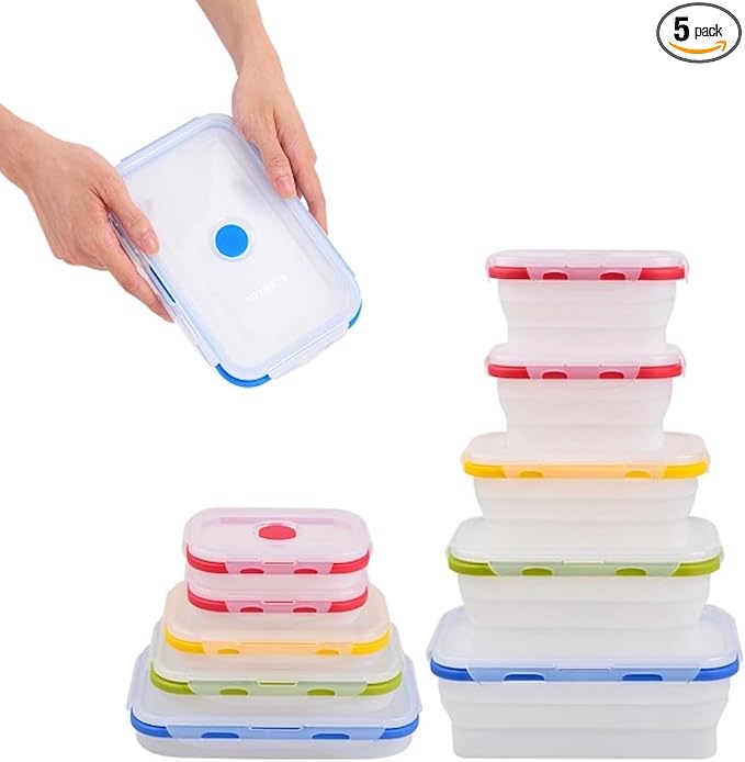 ECOBERI Collapsible Silicone Food Storage Containers, BPA Free, Microwave, Freezer and Dishwasher Safe, Lunch, Meal Prep, Travel, Space-Saving, Set of 5