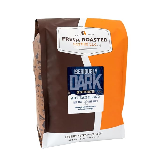 Fresh Roasted Coffee,Seriously Dark Decaf Artisan Blend,5 lb Dark Roast, Kosher, Whole Bean