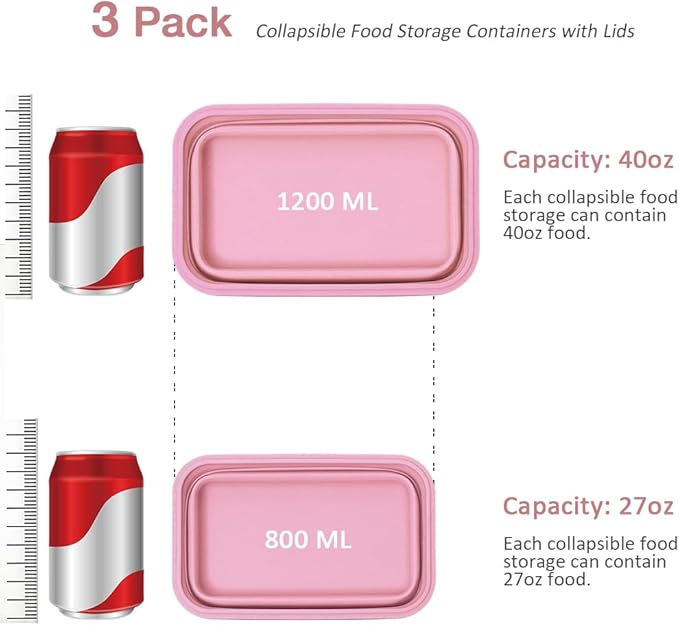 Alimat PluS 40.5oz Silicone Food Storage Containers, 3 Pack Set 1200ml Collapsible Food Storage Containers with Lids(Pink)