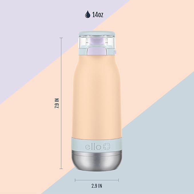 Ello Emma 14oz Vacuum Insulated Stainless Steel Kids Water Bottle with Straw and Built-in Carrying Handle and Leak-Proof Locking Lid for School Backpack, Lunchbox and Outdoor Sports