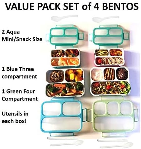 kinsho Bento-Box Lunch and Snack Boxes. Family Pack of 4 Meal Planning Portion Containers For Kids, Women, Adults. BPA Free. Utensils, Blue & Green Set (2 large + 2 Mini)
