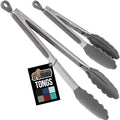 GORILLA GRIP Stainless Steel Heat Resistant Kitchen Tongs for Cooking, Set of 2 BBQ Tong, Non Scratch Silicone Tip for Pans, Strong Grip, Grab Food, Toss Salad, Air Fryer, Pull Lock, 7 + 9 Inch, Gray