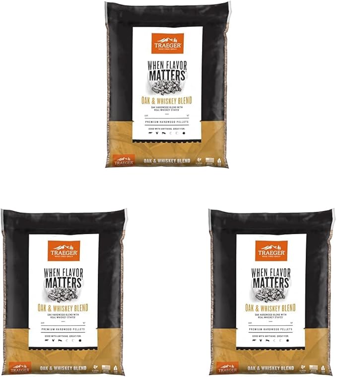 Traeger Grills Oak & Whiskey Blend 100% All-Natural Wood Pellets for Smokers and Pellet Grills, BBQ, Bake, Roast, and Grill, 18 lb. Bag (Pack of 3)