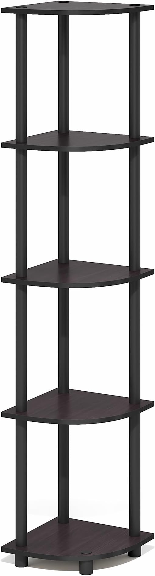 Furinno Turn-N-Tube Corner Shelf, 5-Tier Corner Bookshelf, Open Storage Shelves, for Organization and Storage, Living Room, Home Office, Garage, Bedroom, Dark Mocha