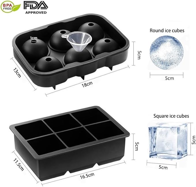 LessMo Ice Cube Trays Ice Ball Maker with Lids 2 Pack, Silicone Sphere Round Ice Mold & Large Square Ice Cube Molds Reusable & BPA Free for Freezer, Whiskey, Chilled Drinks, Black