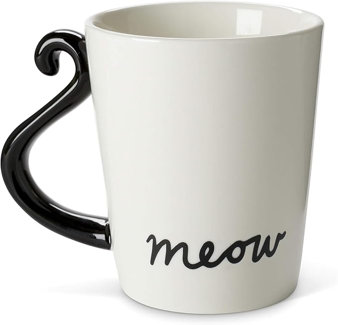 VOTUM Black Cat Ceramic White Coffee or Tea Mug - Animal Shaped Cup with Hand Printed Designs - Cute Handmade Gift for Men or Women Cat Lovers - 12 Fluid Ounce