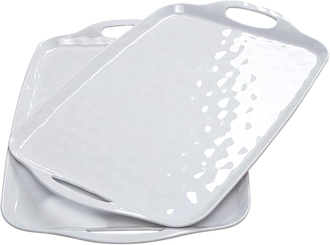 TP Serving Trays with Handles, 17 x 12 Inch Melamine Serving Platters for Food, Meat, Set of 2 Rectangular Trays for Eating, Pure White