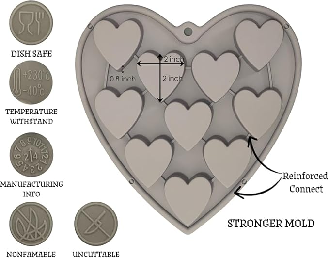 Heart Shaped Cake Pans Heart Silicone Mold for Baking, Large 2 Inches Heart Molds, 10 Cavities Suitable for Ice Cube Mold, Chocolate Mold, Valentines Silicone Molds