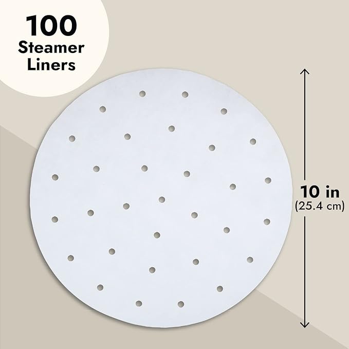 Juvale Disposable Air Fryer Liners - 10-Inch Round White 100-Pack - Perforated Parchment Paper Sheets for Dumplings, Buns & Dim Sum - Steamer Basket Liners & Air Fryer Accessories