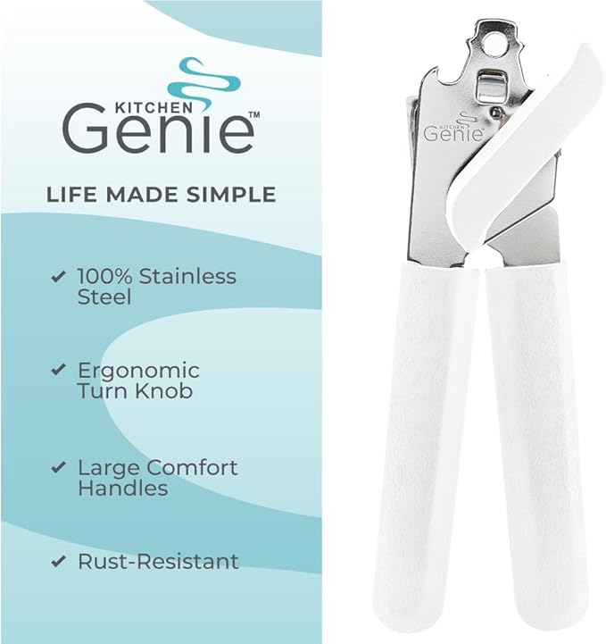 Kitchen Genie Heavy Duty Stainless Steel Manual Can Opener, Sharp Blade for Smooth Edge Cuts, Open Cans Easily, Slip-Resistant Ergonomic Handle, Easy to Turn Hand Knob, Built-In Bottle Openers, White