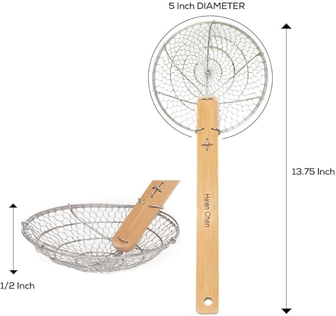 Helen’s Asian Kitchen Spider Strainer | 5-Inch Stainless Steel Wire Mesh Ladle with Sustainable Wood Handle for Frying, Cooking, and Draining