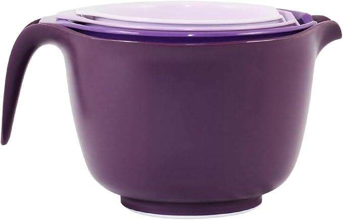 Glad Mixing Bowls with Pour Spout, Set of 4 - Nesting Plastic Bowls (1.2qt, 1.9qt, 2.8qt, and 3qt with Handle) - Non Slip Base, Dishwasher Safe Kitchen Cooking and Baking Supplies, Purple