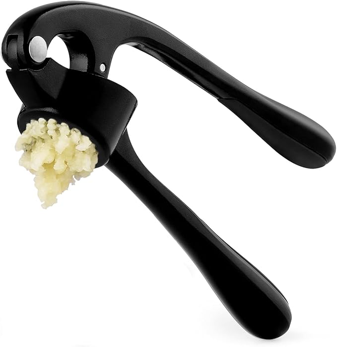 Premium Garlic Press, Garlic Mincer Set of 3 with Silicone Roller Peeler & Cleaning Brush, Extremely Durable Garlic Crusher, Ergonomic Handle, Extracts Most Garlic Paste Per Clove (Black)