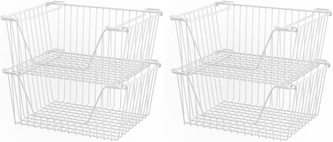 SANNO Stackable Wire Baskets for Organizing Pantry Storage and Organization Metal Bins Fruit Vegetable Organization Pantry Cabinet Metal Bin for Kitchen Counter Bathroom Shelves Storage，White,4