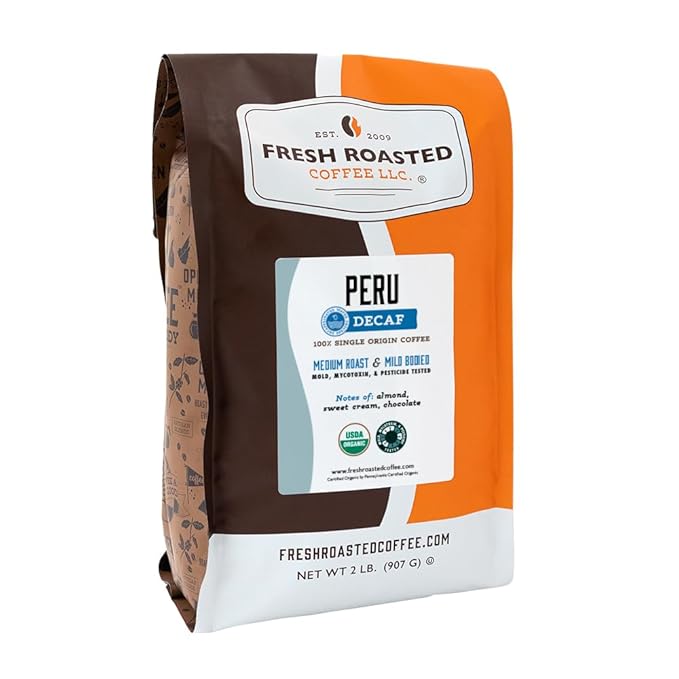 Fresh Roasted Coffee, Organic Peru Water-Processed Decaf | Mold & Myco 3rd Party Tested, USDA Organic, Kosher | Med Roast 2 lb (32 oz) Whole Bean