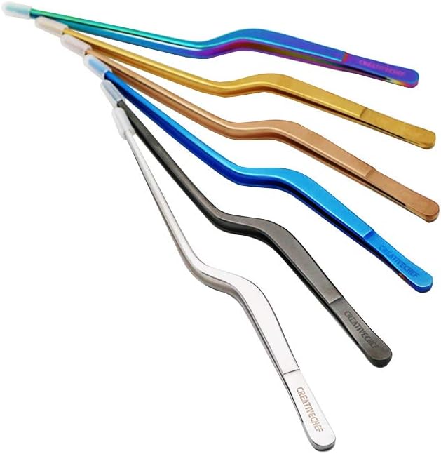 CREATIVECHEF 8 Inch Curved Stainless Steel Precision Kitchen Cooking Multi-function Tweezers Culinary Offset Tweezer Tongs (Curved, Gold）