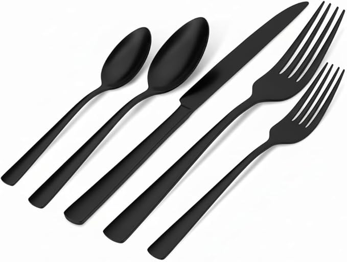 Black Silverware Set, 20-Piece Flatware Set Service for 4, Durable Stainless Steel, Mirror Polished Tableware Eating Cutlery Set, Kitchen Utensils Set with Steak Knives, Dishwasher Safe