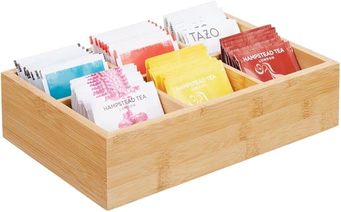 mDesign Bamboo Tea & Food Storage Organizer Container Box - Wooden Holder Case for Tea Bags, Coffee, Snacks, Sugar, Sweeteners, and Small Packets - Echo Collection - 2 Pack - Natural Wood