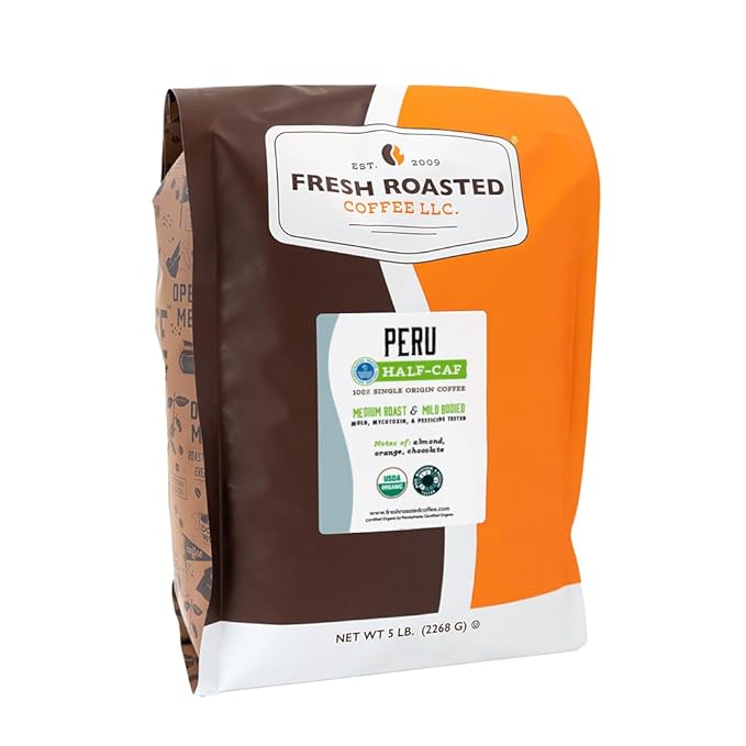 Fresh Roasted Coffee, Organic Peru Water-Processed Half-Caf | Mold & Myco 3rd Party Tested, USDA Organic, Kosher | Med Roast 5 lb (80 oz) Whole Bean