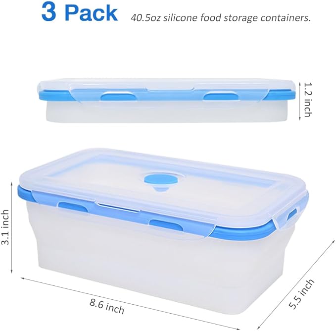 Alimat PluS 40.5oz Silicone Food Storage Containers, 3 Pack Set 1200ml Extra Large Collapsible Food Storage Containers with Lids, Collapsible Food Storage Containers Suitable for Lunch and Fruits