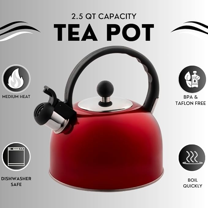Venoly 2.5 Liter Whistling Tea Kettle - Modern Stainless Steel Whistling Tea Pot for Stovetop Hot Water Boiler with Cool Grip Ergonomic Handle (Wine Red, 2.5 Liter)