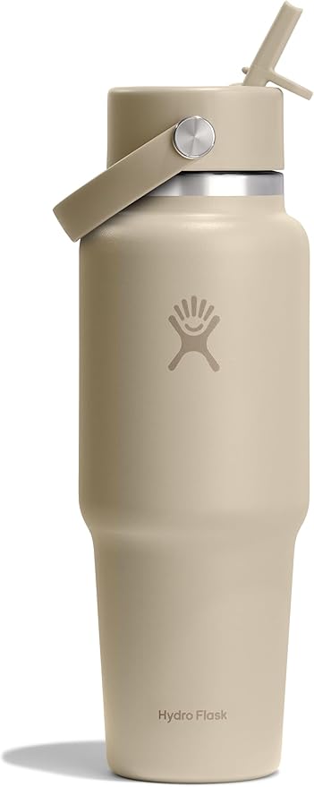 Hydro Flask Travel Water Bottle - Insulated Stainless Steel - Wide Straw Lid, Non Spill, Leakproof in 32 Oz Oat Tan