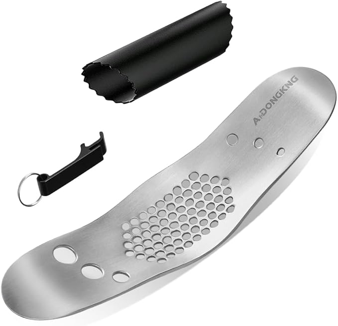 Garlic Press Rocker & Leaf Herb Stripper, Silicone Roller Peeler, Bottle Opener, Stainless Steel Garlic Crusher Chopper Squeezer Slicer Mincer