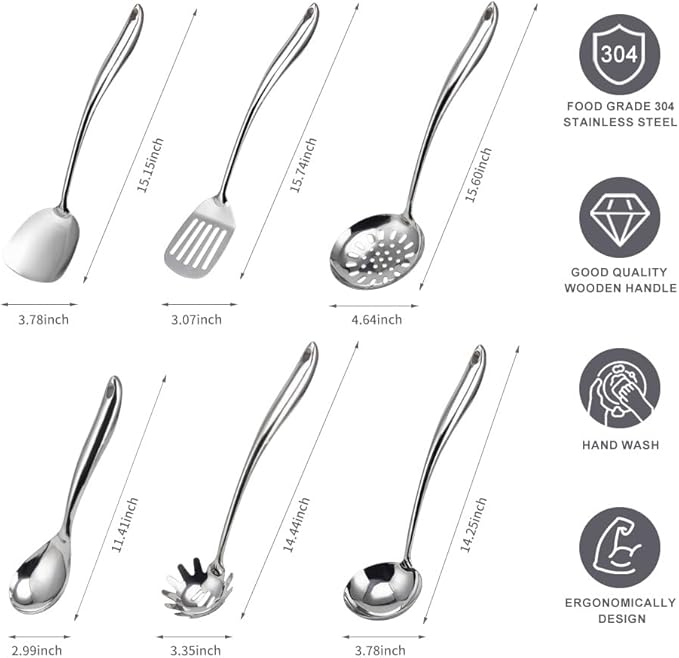 304 Stainless Steel Kitchen Utensils Set, VALESKA 6PCS Metal Cooking Utensils Set, Wok Spatula, Ladle, Skimmer Slotted Spoon, Pasta Spoon, Serving Large Ladle, Slotted Spatula Tunner
