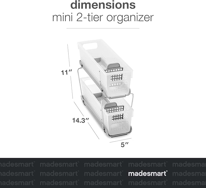 Madesmart 2-Tier Plastic Mini Multipurpose Organizer with Divided Slide-Out Storage Bins, Compact Under Sink and Cabinet Organizer Rack, Frost