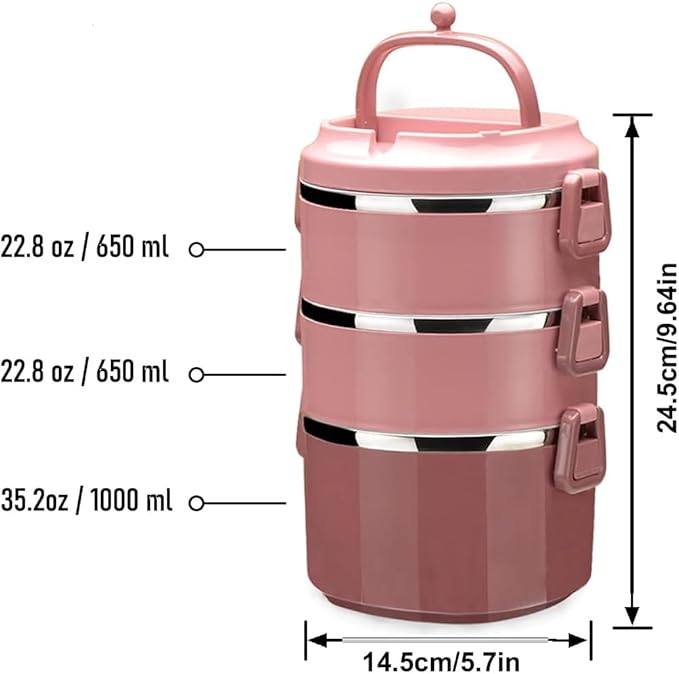 SANQIAHOME 3 Tier Stackable Stainless Steel Lunch Box Sealed(pink, 3 layers) with spoon and fork