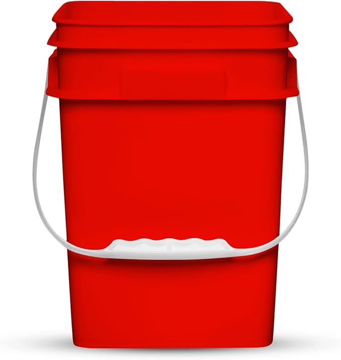 House Naturals 4 Gallon Square Food Grade Bucket Pail with Plastic Handles and Lid (Pack of 3) Made in USA containers (RED-White Lids)