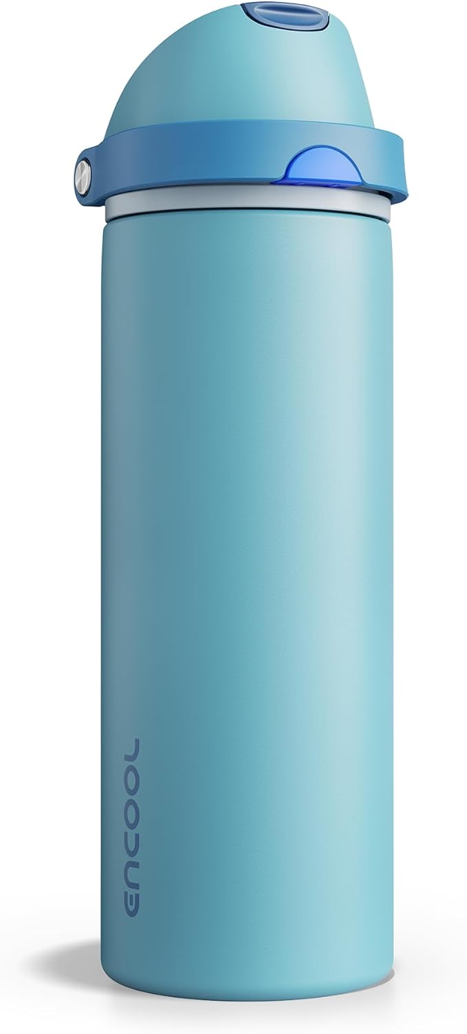 Insulated Water Bottle with Straw - Encool Stainless Steel Water Bottle with Push Button Lid, Leak-Proof & BPA-Free, Keeps Cold for 24 Hours for Sports, Travel, Gym (24 oz, Silk Blue)