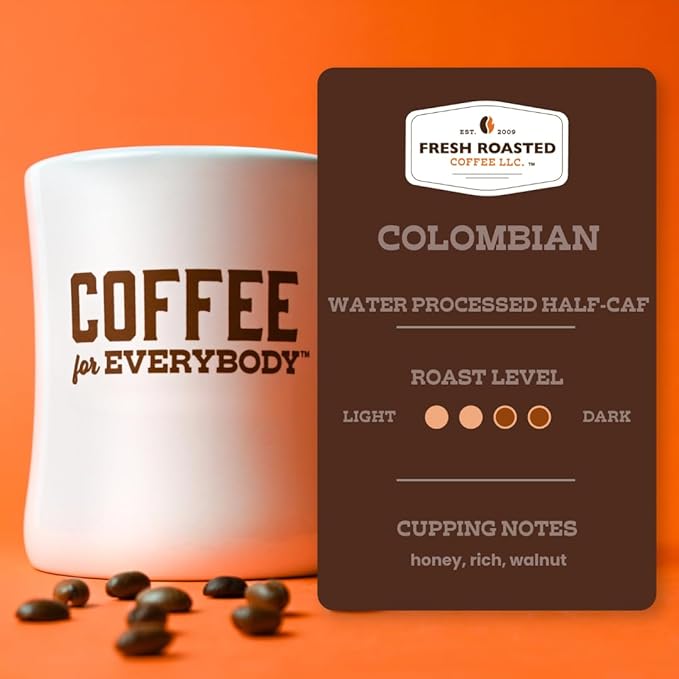 Fresh Roasted Coffee, Colombian Water Half-Caf, 5 lb (80 oz), Medium Roast, Kosher, Whole Bean