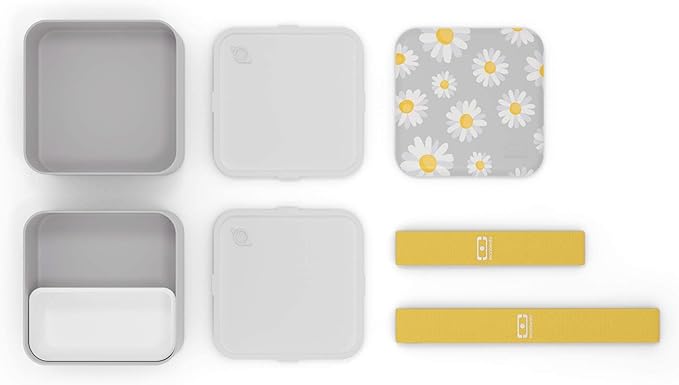 monbento - Large Bento Box MB Square Daisy with Compartments - Leakproof Lunch Box for Work and Meal Prep - BPA Free - Food Grade Safe - Flowers Pattern - Grey