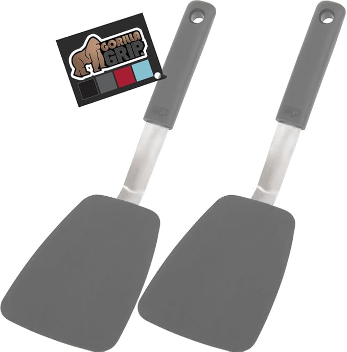 GORILLA GRIP Patented BPA-Free Non-Scratch Spatula, 2 Pack, Heat Resistant Flexible Silicone Head for Nonstick Cooking Pans, Soft Rubber Handle, Kitchen Spatulas for Flipping Eggs, Pancakes, Gray