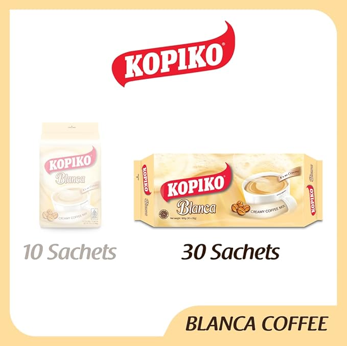 Kopiko Blanca Instant Coffee Mix – Authentic Indonesian Volcanic Coffee – Delicious Creamy Instant Coffee with Tempting Aroma (900 gr / 30 Coffee Sticks)
