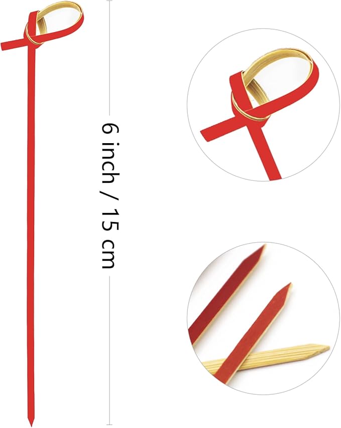 BLUE TOP Bamboo Cocktail Picks 100 PCS Red Bamboo Skewers 6 Inch with Looped Knot, Food Picks,Party Toothpicks for Appetizers,Cocktail Drinks,Barbecue Snacks,Club Sandwiches.