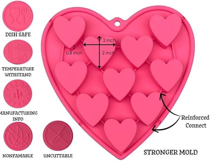 Heart Shaped Cake Pans for Baking, Large 2 Inches Heart Molds, 10 Cavities Suitable for Ice Cube Mold, Chocolate Mold, Valentines Silicone Molds (2, Pink)