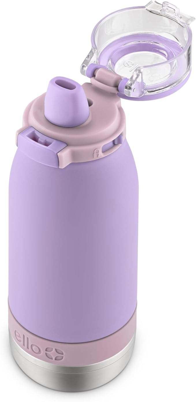 Ello Emma 14oz Vacuum Insulated Stainless Steel Kids Water Bottle with Straw and Built-in Carrying Handle and Leak-Proof Locking Lid for School Backpack, Lunchbox and Outdoor Sports