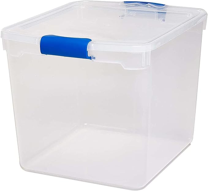 HOMZ 4-Pack Latching Lid, Large Clear Plastic Storage Bins with Lids, 31 Quart, Blue Latch - Stackable Container Boxes for Home, Bathroom, and Office Organization