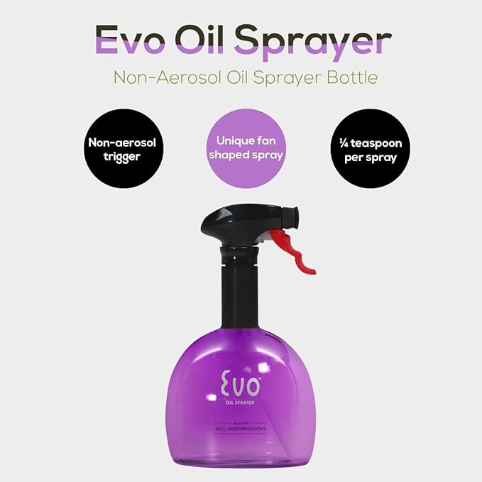 Evo Original Oil Sprayer, Non-Aerosol for Olive Oil, Cooking Oils, and Vinegars, Purple, 24-Ounce Capacity