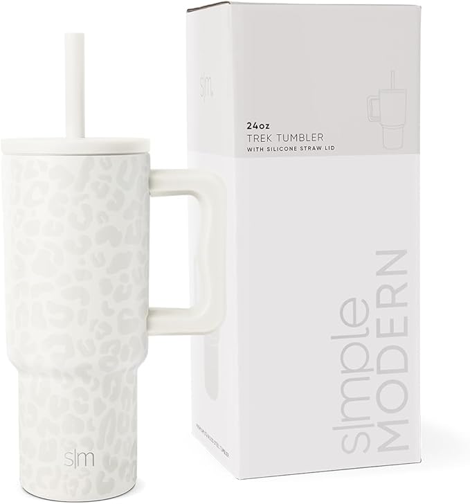 Simple Modern Kids 24 oz Tumbler with Handle and Silicone Straw Lid | Spill Proof and Leak Resistant | Reusable Stainless Steel Bottle | Gift for Kids Boys Girls | Trek Collection | Cream Leopard