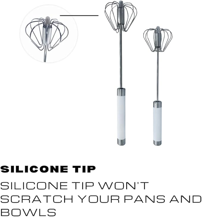 Stainless Steel Push Whisk - Easy to Use Manual Hand Mixer & Plunger Whisk - Make Froth, Foam & Whipped Cream - Semi Auto Egg Beater Plastic Tip Won’t Scratch Pans (2 Pack 10in & 12in) WHITE