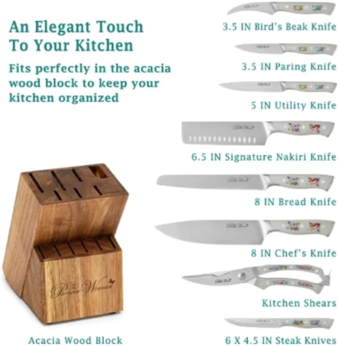 Pioneer Woman 14-Piece Stainless Steel Knife Block Set, Forged High-Alloy Blades, Full-Tang Handles, Acacia Wood Gray Floral