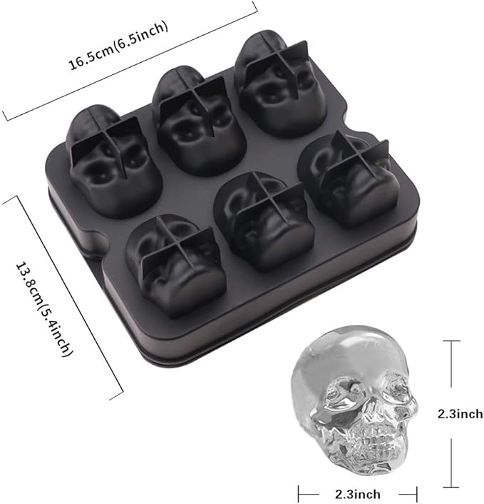 CHIYAN Skull Ice Mold Silicone - Set of 6 Large 3D Ice Cube Molds, 2.3x2.3 Inch Flexible Silicone Freezer Tray, Whiskey Cubes Mold Skull for Party Cocktails Champagne and Drinks