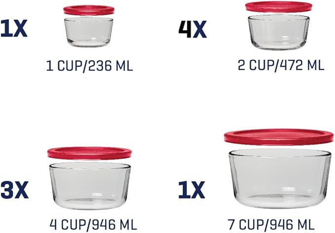 Anchor Hocking 18 Piece Glass Storage Containers with Lids (9 Glass Food Storage Containers & 9 Red SnugFit Lids)
